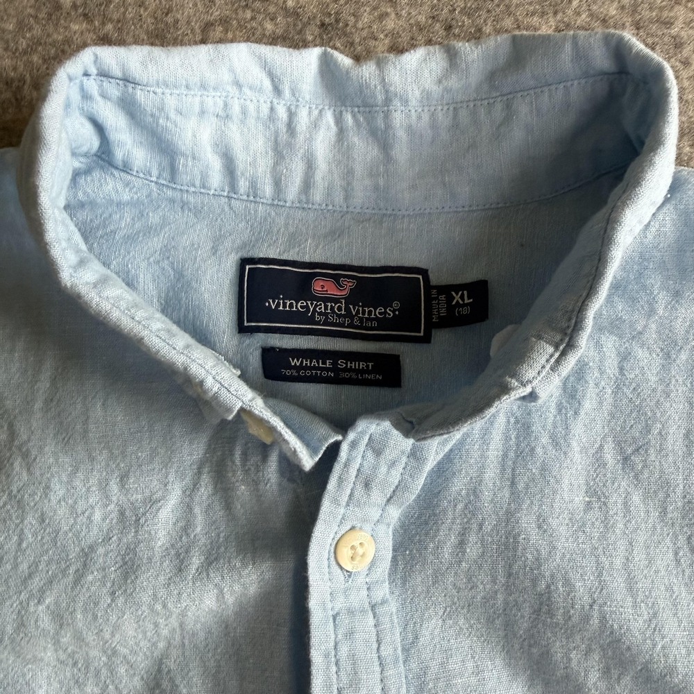 Vineyard Vines Whale Shirt Boys XL 18 Blue Linen Cotton Short Sleeve Button Up